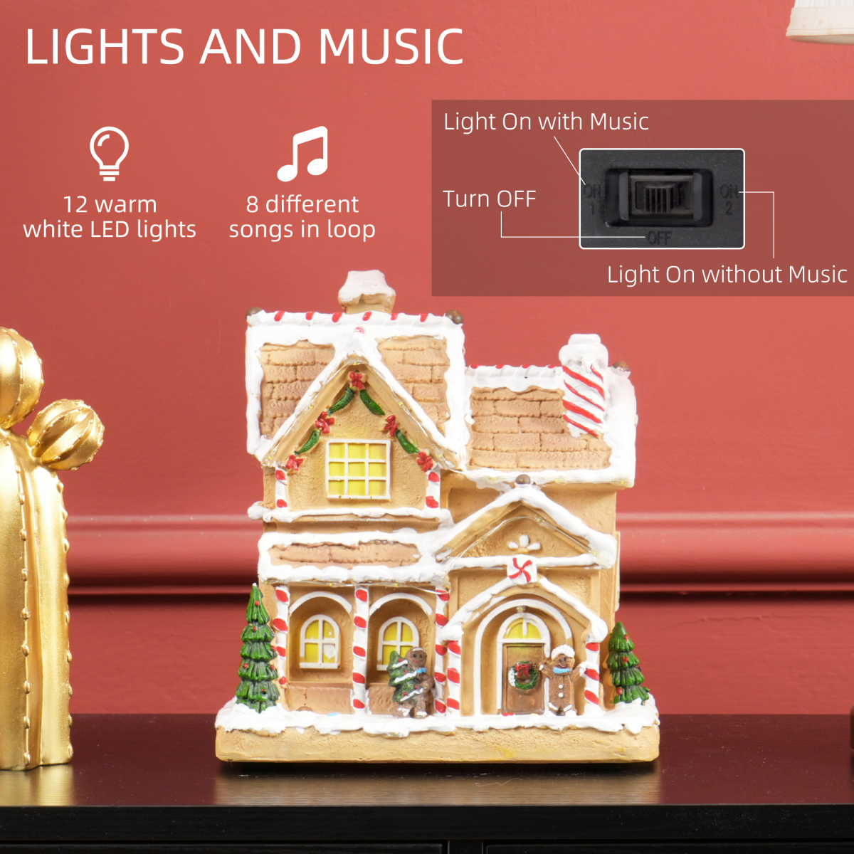 HOMCOM Lighted Musical Christmas Candy House with Gingerbread Man – 12 LED Lights, 8 Songs, Brown