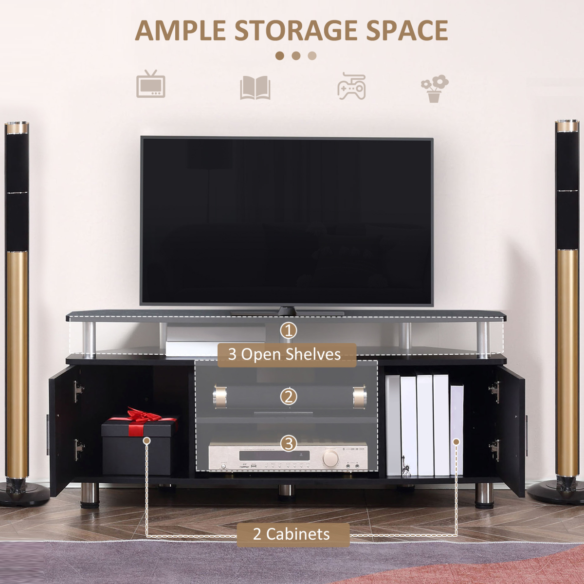 HOMCOM 120cm TV Unit Entertainment Centre with Open Shelves & Two Cupboards – Living Room Media Storage