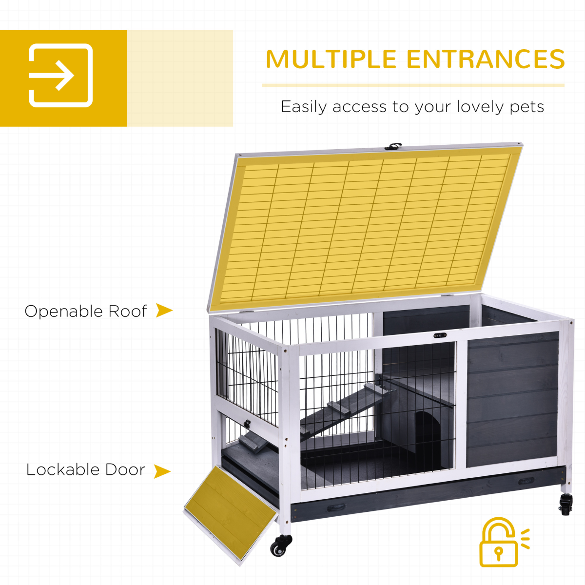 PawHut Indoor Two-Floor Wooden Rabbit Hutch with Wheels, Ramp & Pull-Out Tray – Guinea Pig Cage
