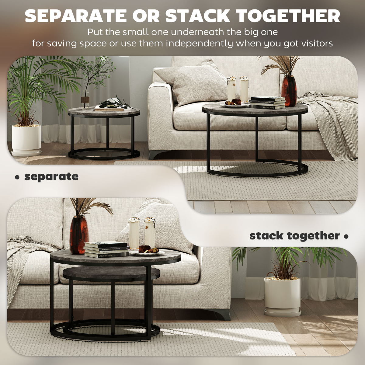 HOMCOM Set of 2 Stacking Coffee Tables with Steel Frame & Marble-Effect Round Tops – Nest of Tables