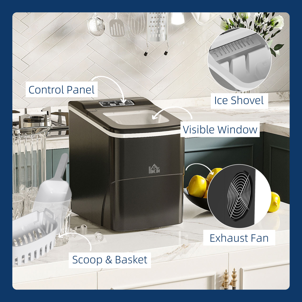HOMCOM Countertop Ice Maker 12kg/24h with Scoop & Basket – Compact Home or Office Ice Machine, Black