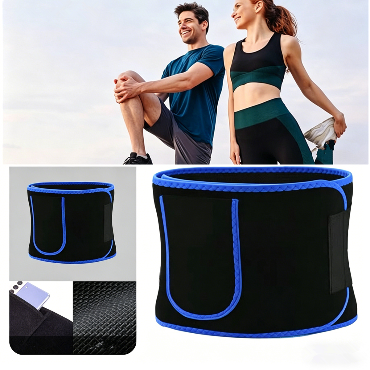 Waist Trimmer Belt with Phone Pocket – Adjustable Neoprene Workout Sweat Band, Blue & Black