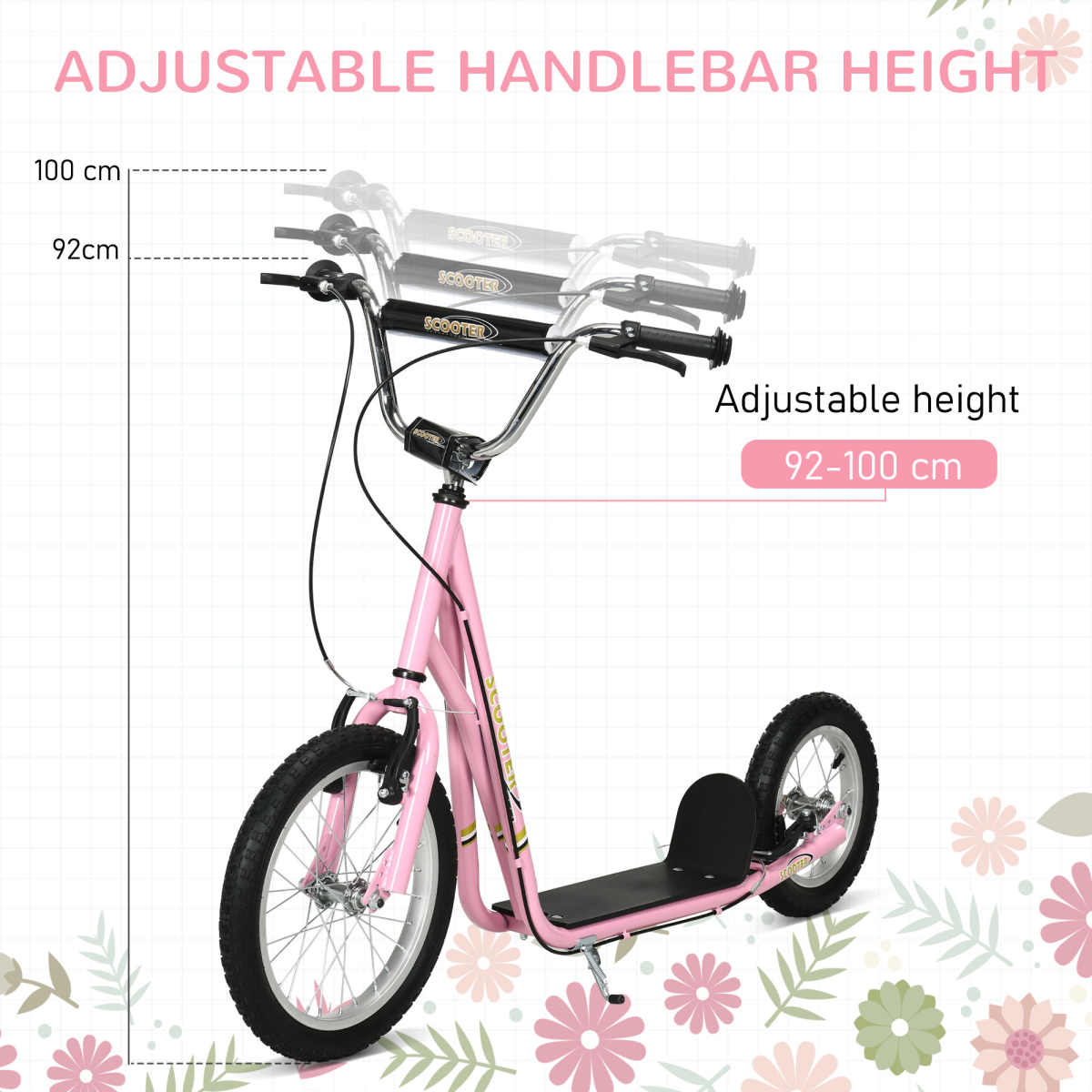 HOMCOM Kids Kick Scooter with Dual Brakes, Kickstand & Adjustable Height – Big Wheel Rubber Tyre Scooter for 5+ Years