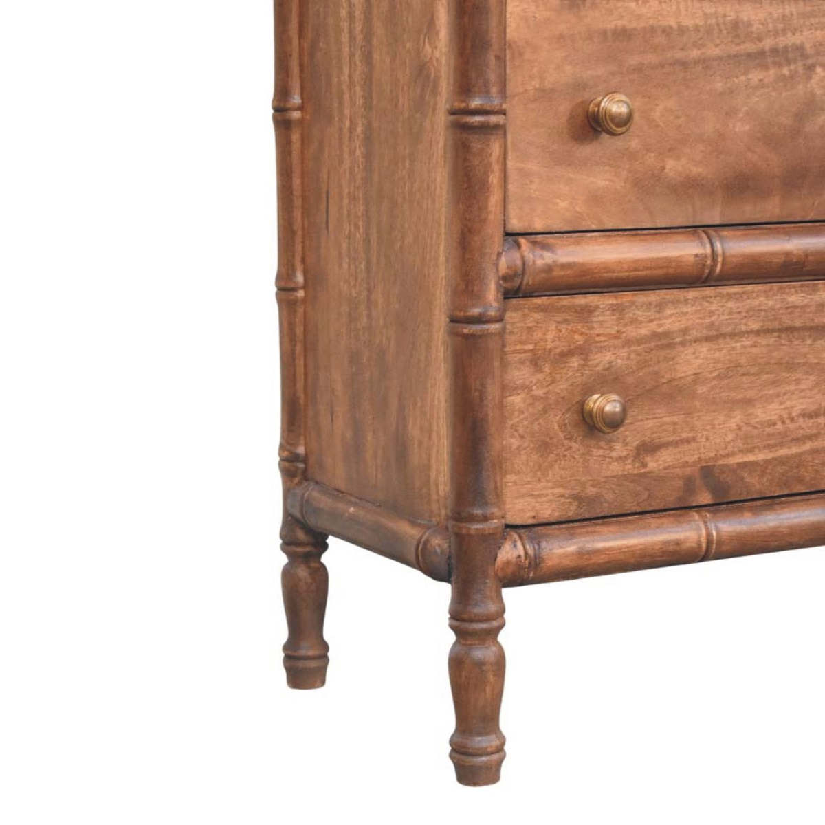 Artisan Furniture Solid Wood Bamboo Carved 3 Drawer Chest with Brass Knobs – Bedroom Storage, Brown