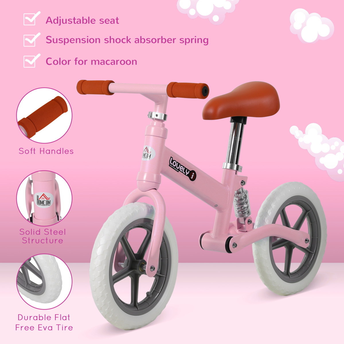 HOMCOM Kids Balance Bike with Adjustable Seat and Non-Slip Tyres – No-Pedal Learning Bike for Ages 2-5