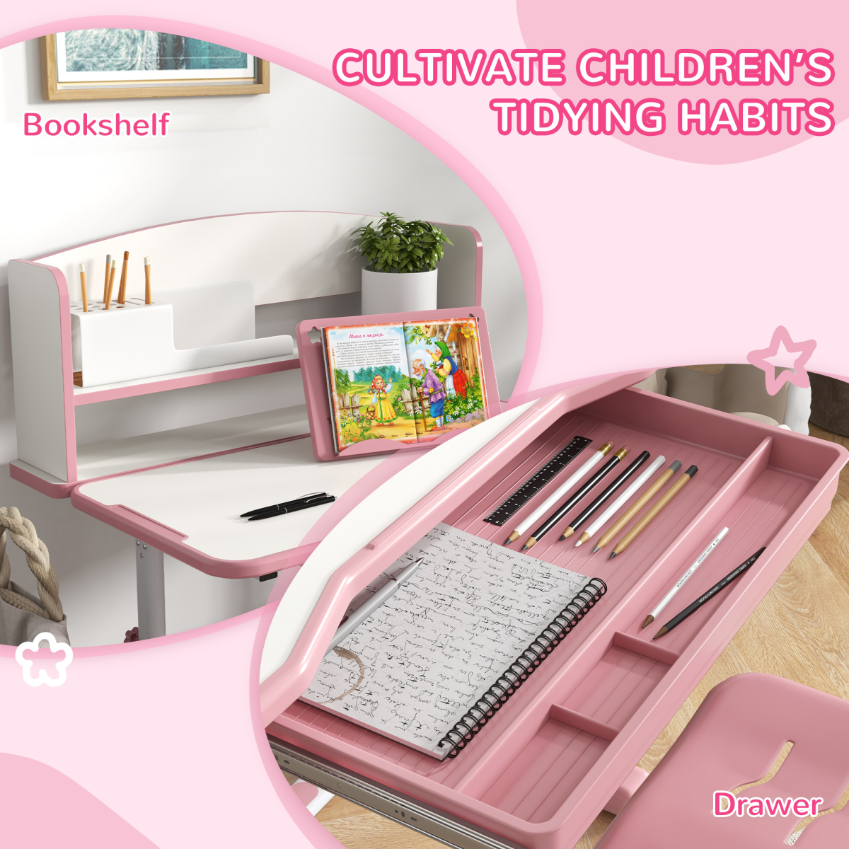 ZONEKIZ Height Adjustable Kids Desk and Chair Set with Drawer & Bookshelf – Tilting Study Desk, Pink
