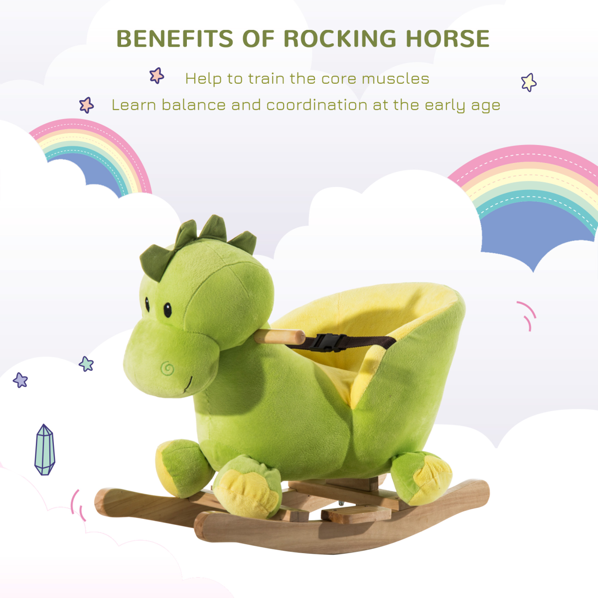HOMCOM Kids Rocking Horse with 32 Songs, Plush Finish & Poplar Wood Frame – Ride-On Toy for Ages 18+ Months, Green