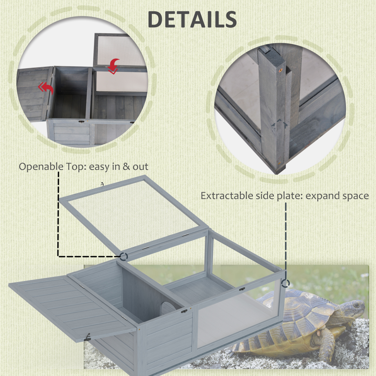 PawHut Wooden Tortoise House with Mesh Roof, Two-Room Reptile Habitat & Pull-Out Run – Grey