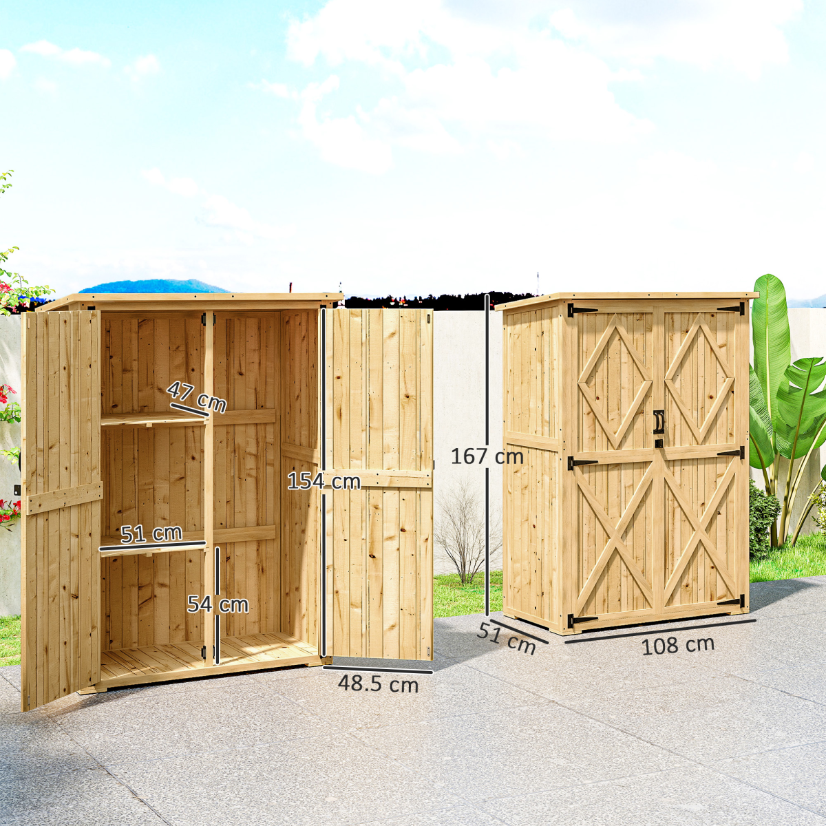 Outsunny Wooden Garden Tool Storage Cabinet with Double Doors, Shelves and Asphalt Roof – Fir Wood, Natural