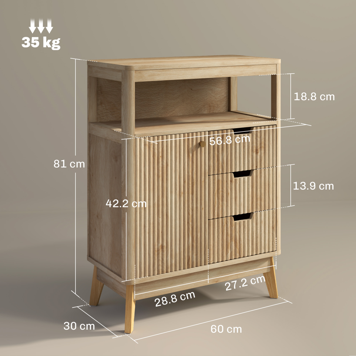 HOMCOM Modern Fluted Sideboard Storage Cabinet with 3 Drawers & Adjustable Shelf – Living Room
