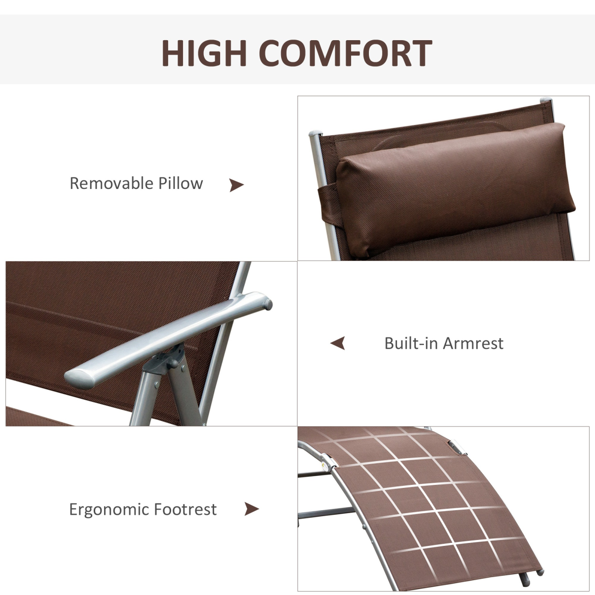 Outsunny Heavy-Duty Foldable Sun Lounger with 7-Level Recline & Pillow, Steel Frame, Texteline – Brown