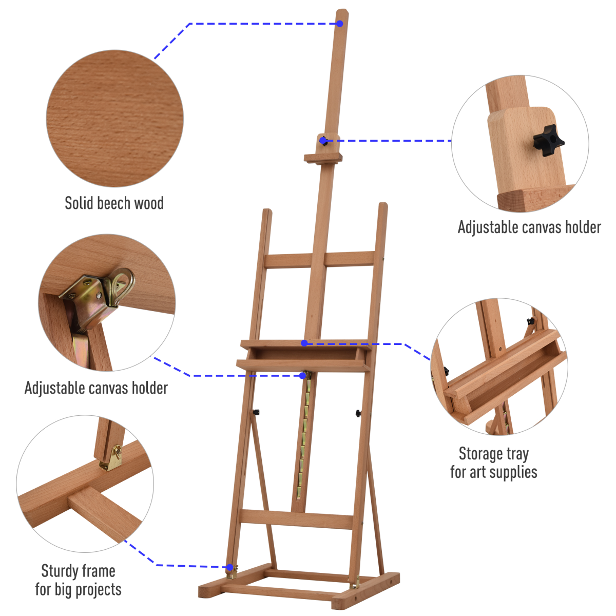 Vinsetto H-Frame Studio Easel with Height-Adjustable Canvas Holder and Storage Tray – Beech Wood Artist Easel