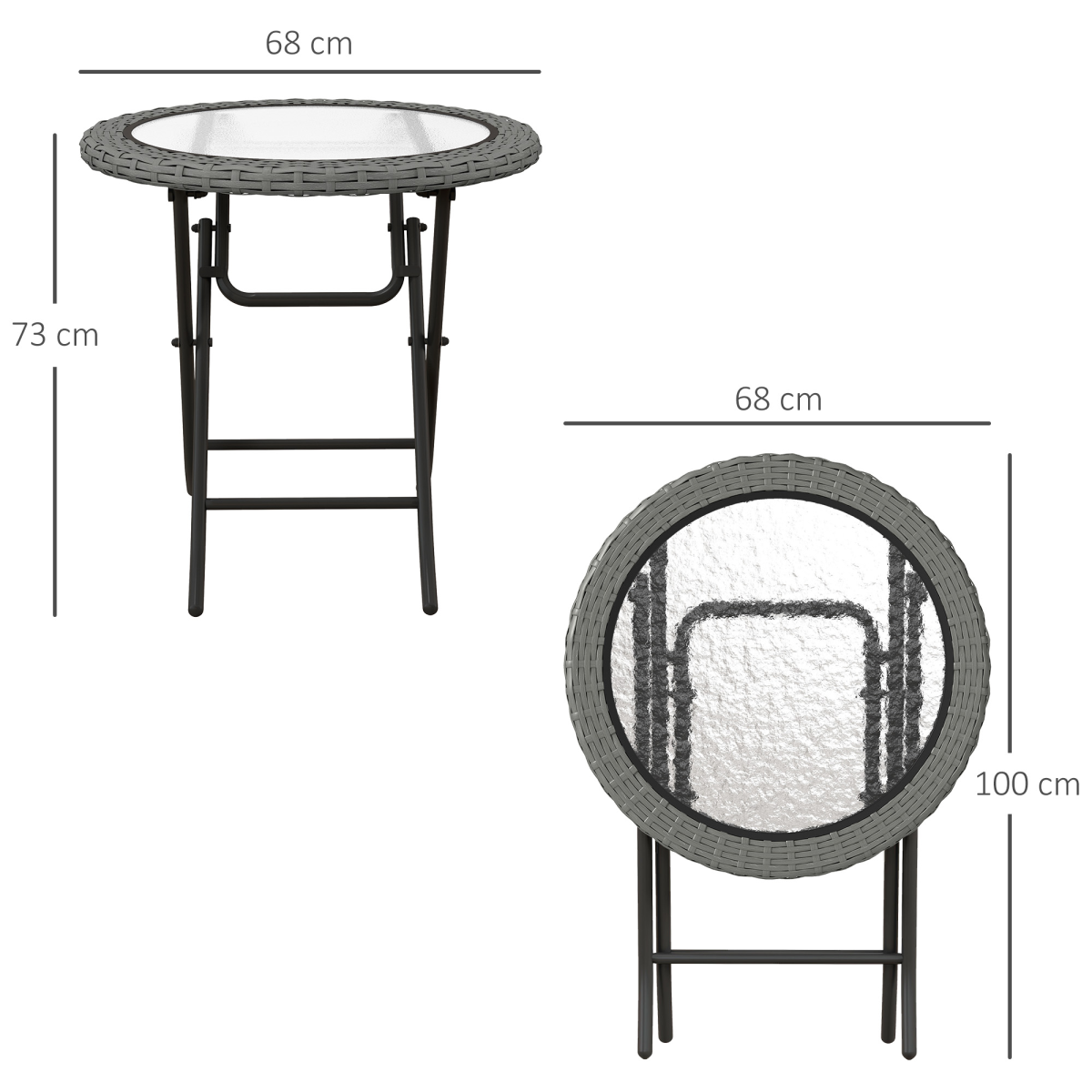 Outsunny Folding Round Garden Table with Tempered Glass Top and PE Rattan Edging – Patio Table, Grey