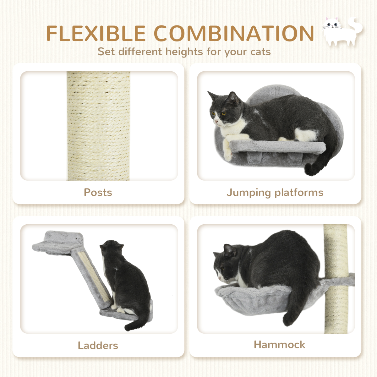PawHut Cat Wall Furniture with Hammock, Platforms, Ladder and Scratching Post – Wall-Mounted Cat Climbing Set, Grey