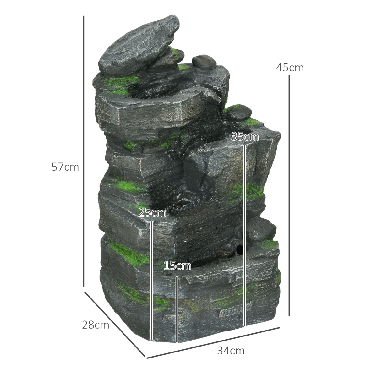 Outsunny Solar Powered Four-Tier Garden Fountain with 3 LED Lights – Outdoor Water Feature, Dark Grey and Green