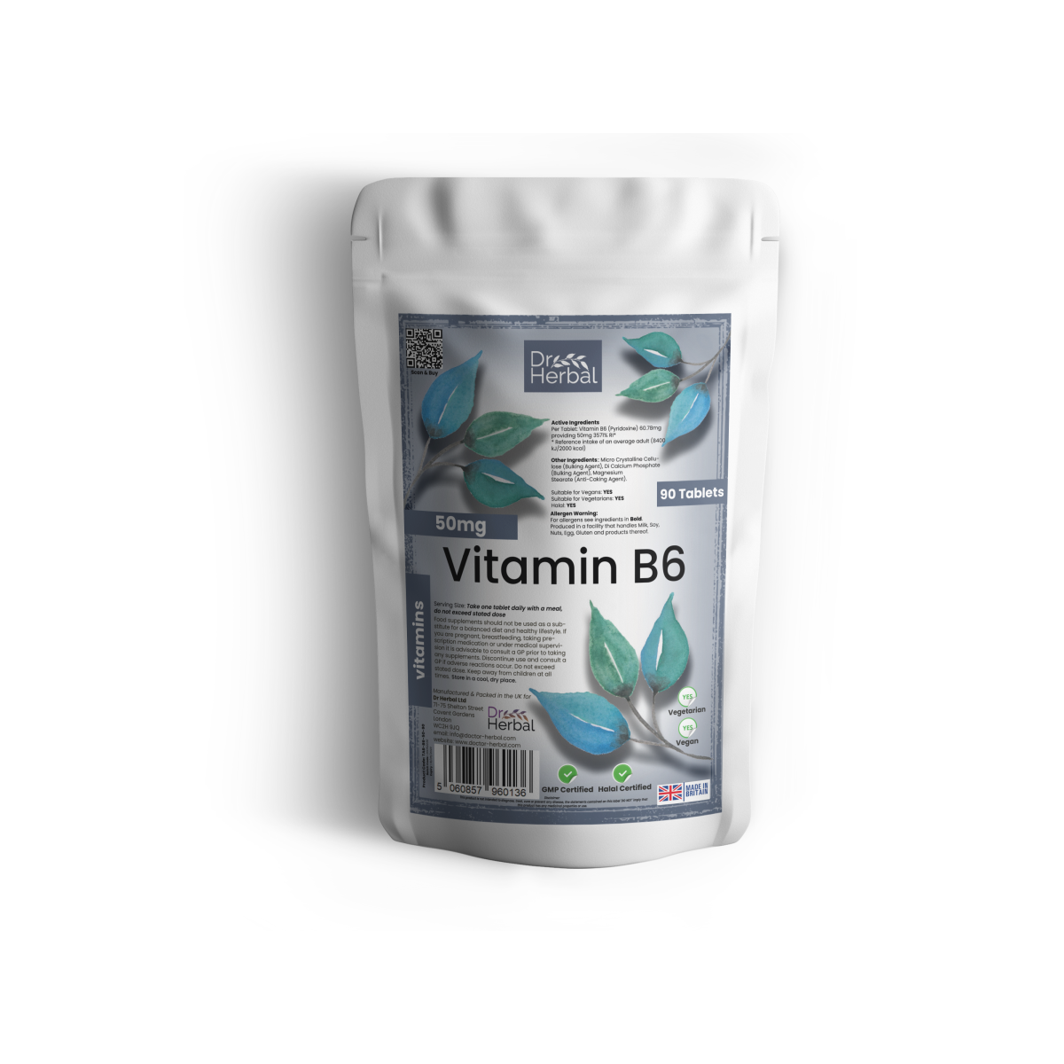 Dr Herbal Vitamin B6 50mg High Potency Supplement – 90 Tablets for Nervous System & Hormone Support
