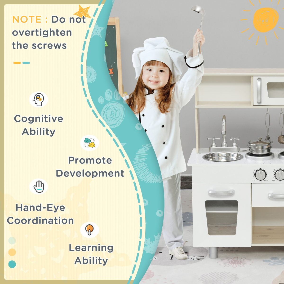 HOMCOM Luxury Kids Kitchen Playset with Accessories, Sink, Cooker & Water Dispenser – Role Play, White
