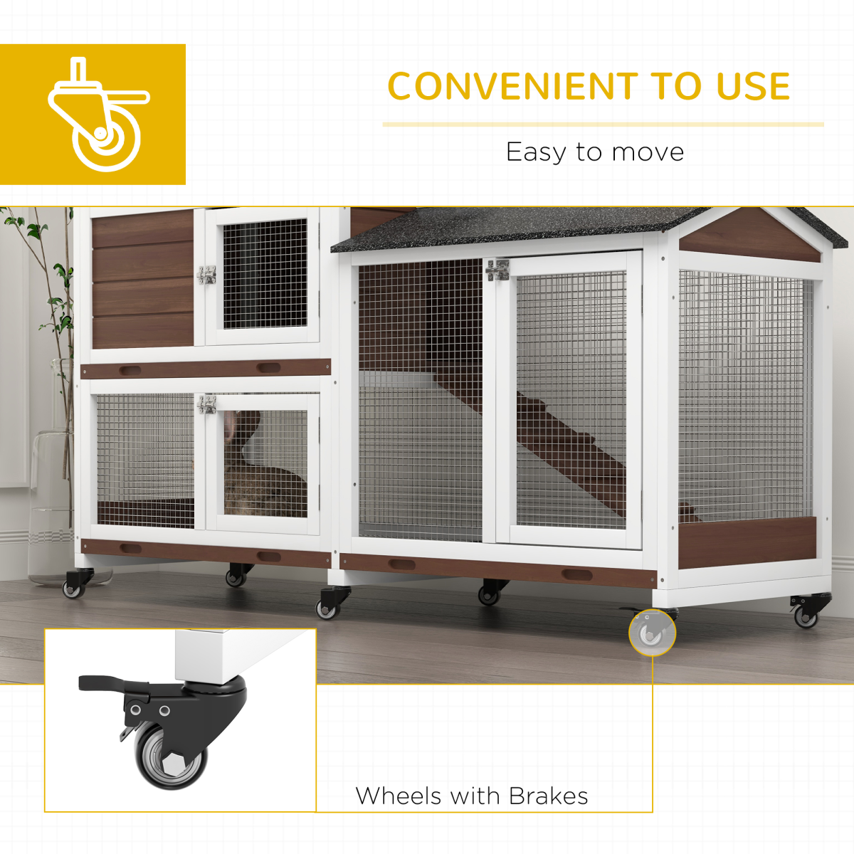 PawHut Wooden Rabbit Hutch with Wheels, Run & Ramp – Outdoor Guinea Pig Cage for 1–3 Rabbits, Brown