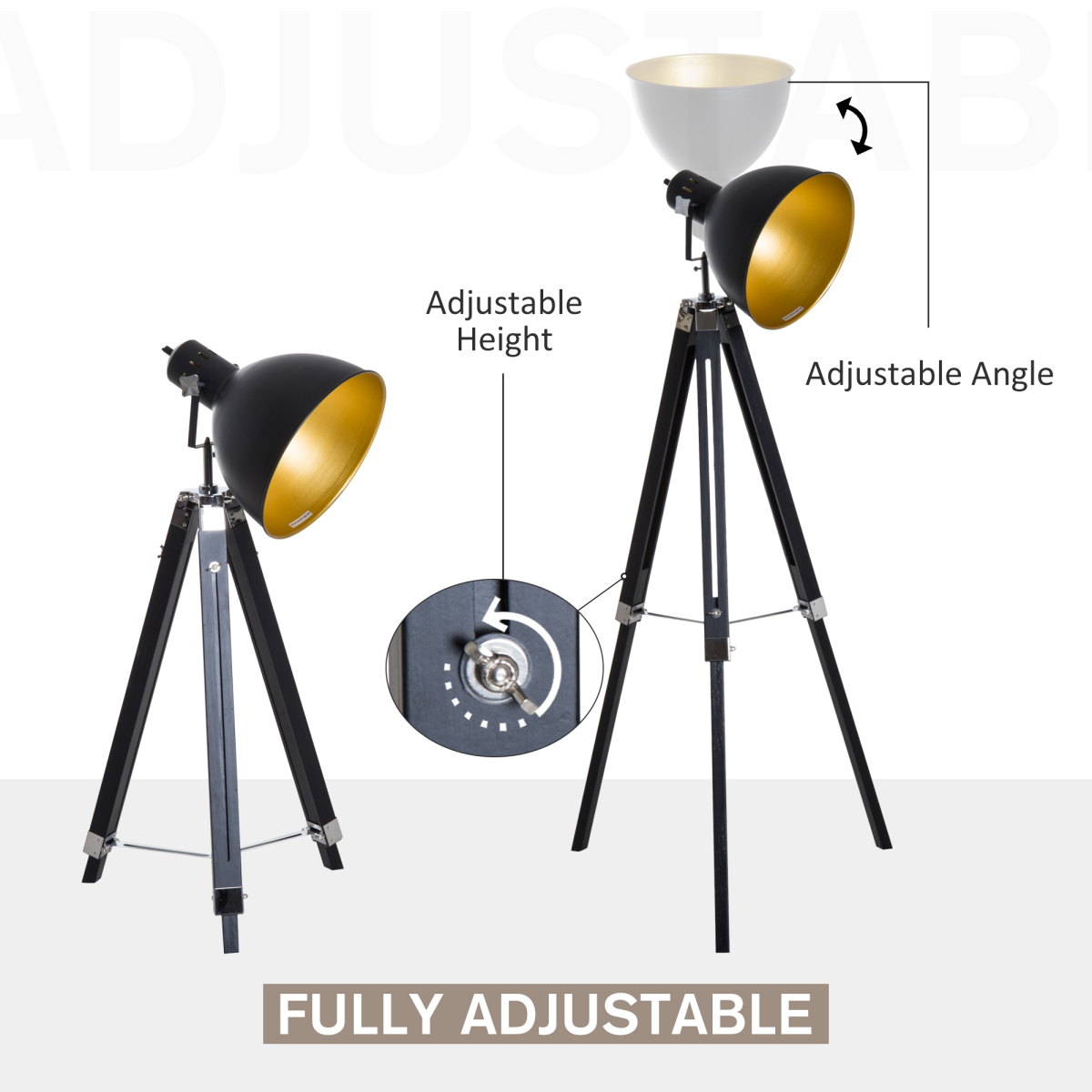 Retro Tripod Floor Lamp with Dome Shade – Black/Gold