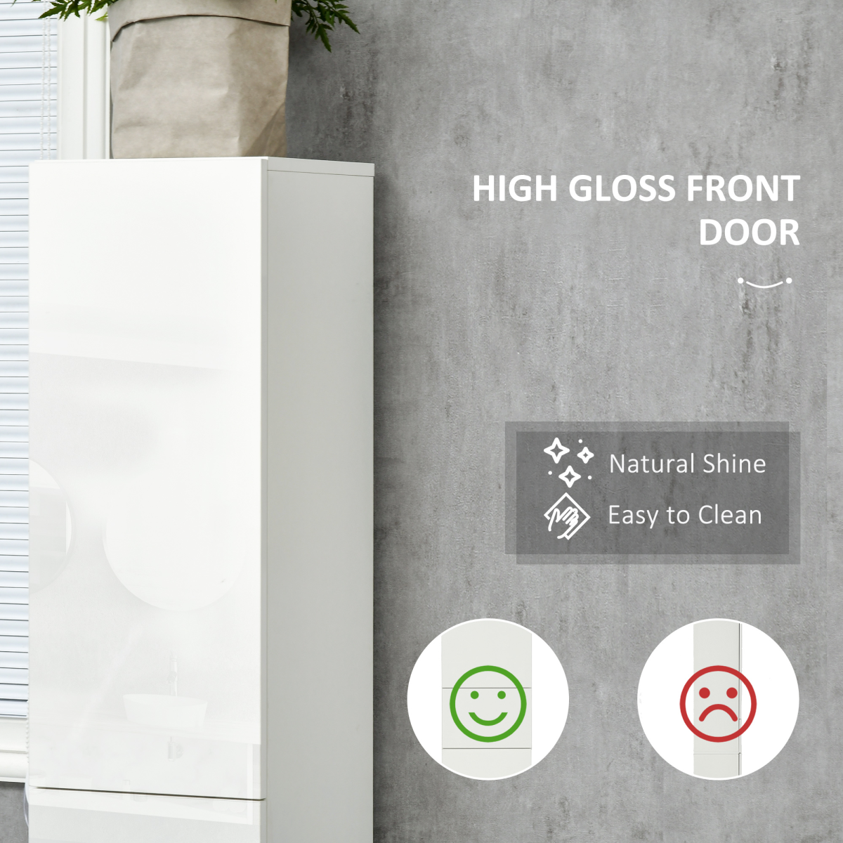 Kleankin High Gloss Tall Bathroom Cabinet with Push-Open Doors & Adjustable Shelves – Slimline Storage, White