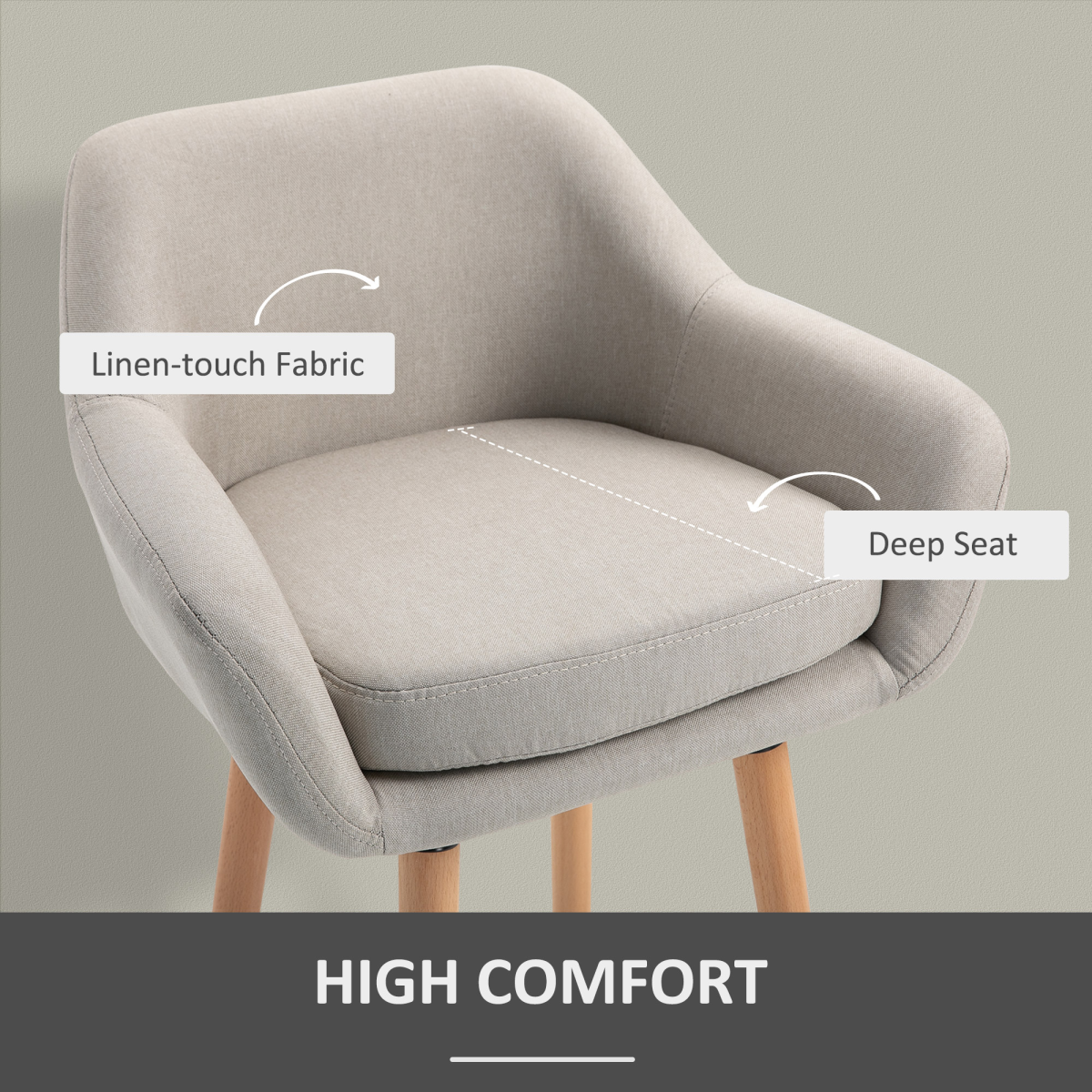 HOMCOM Modern Fabric Bucket Seat Bar Stools with Solid Wood Legs & Footrest – Breakfast Bar Seating, Beige