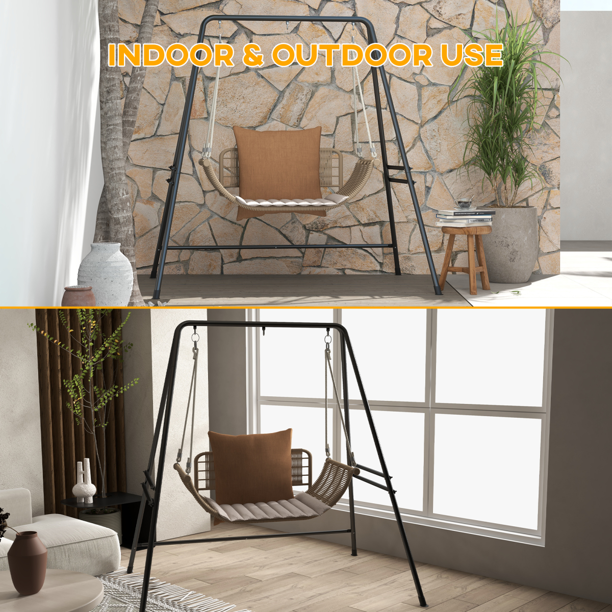 Outsunny Hammock Chair Stand with Solid Steel Frame – Fits Single & Double Connection Points, Black