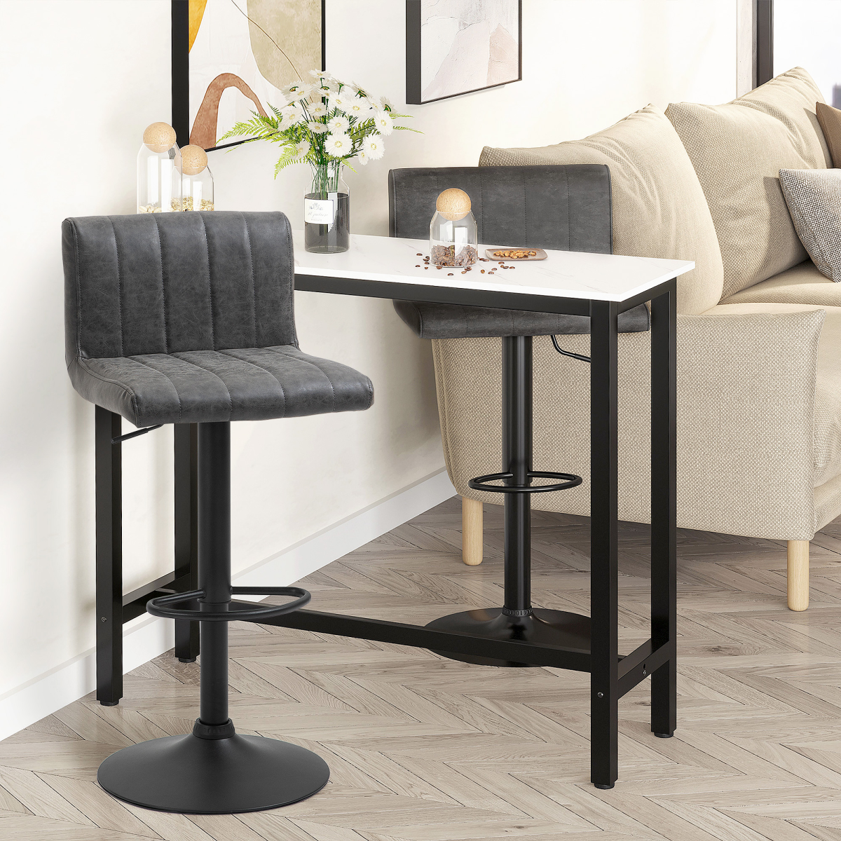 HOMCOM Set of 2 PU Leather Adjustable Bar Stools with Footrest – Swivel Counter Seating, Grey