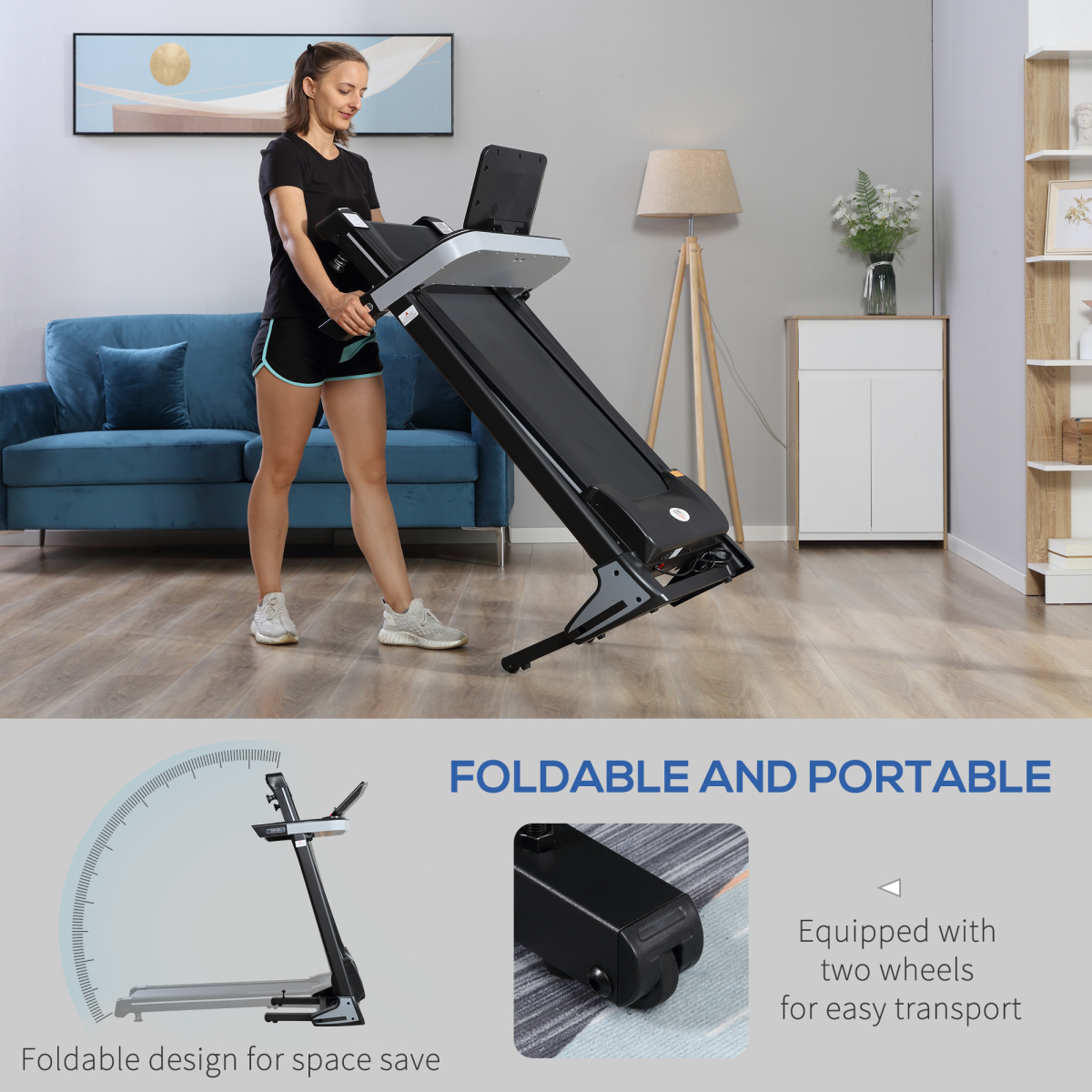 HOMCOM 500W Motorised Folding Treadmill, 1-12 km/h with 12 Preset Programs, LCD Display & Phone Holder