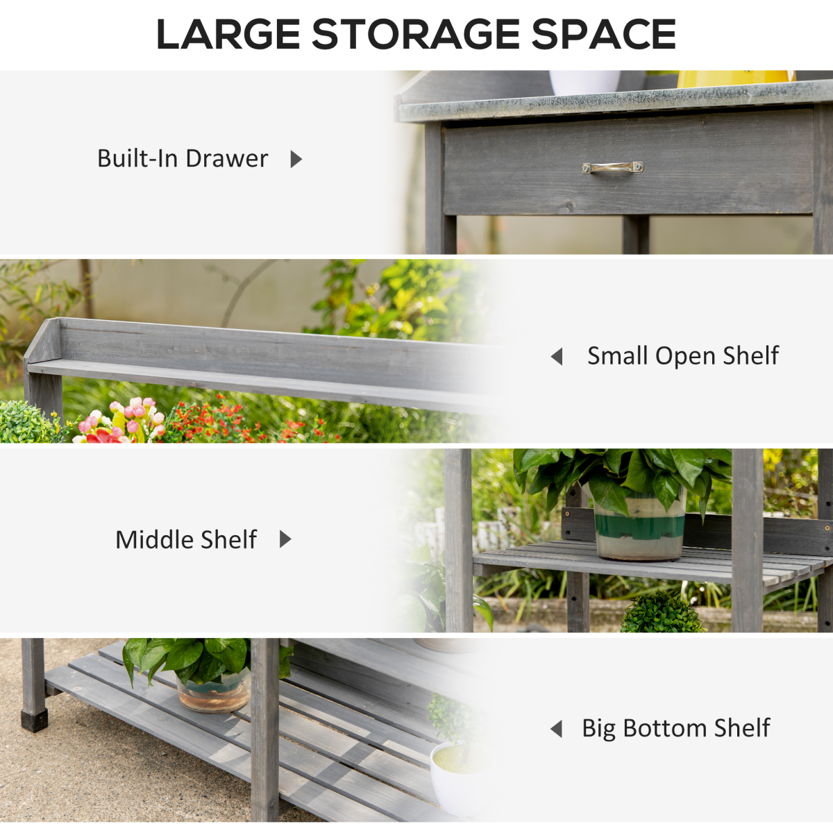 Outsunny Garden Potting Workstation Bench with Galvanised Metal Tabletop, Drawer and Shelves – Solid Wood