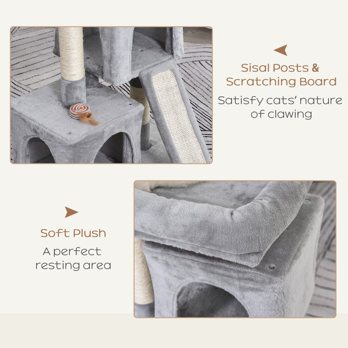 Pawhut Cat Activity Tree with 2 Houses, Sisal Scratching Posts & Cushioned Top Perch – Plush, Grey