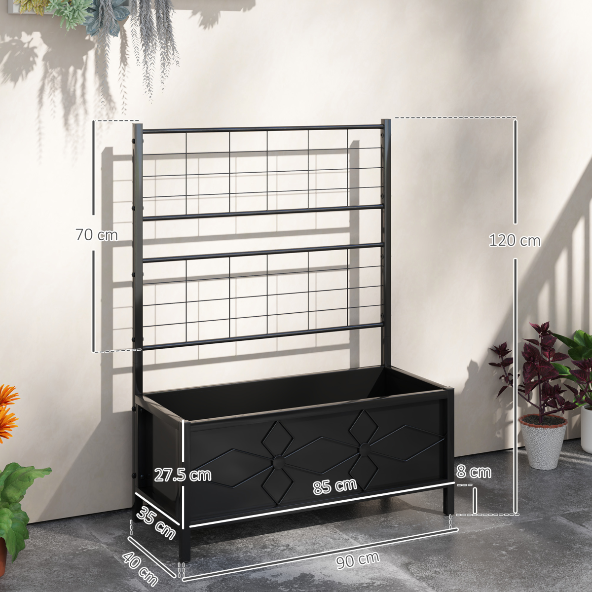 Outsunny Galvanised Steel Trellis Planter with Diamond Design & Drainage Holes – Climbing Plant Support, Black