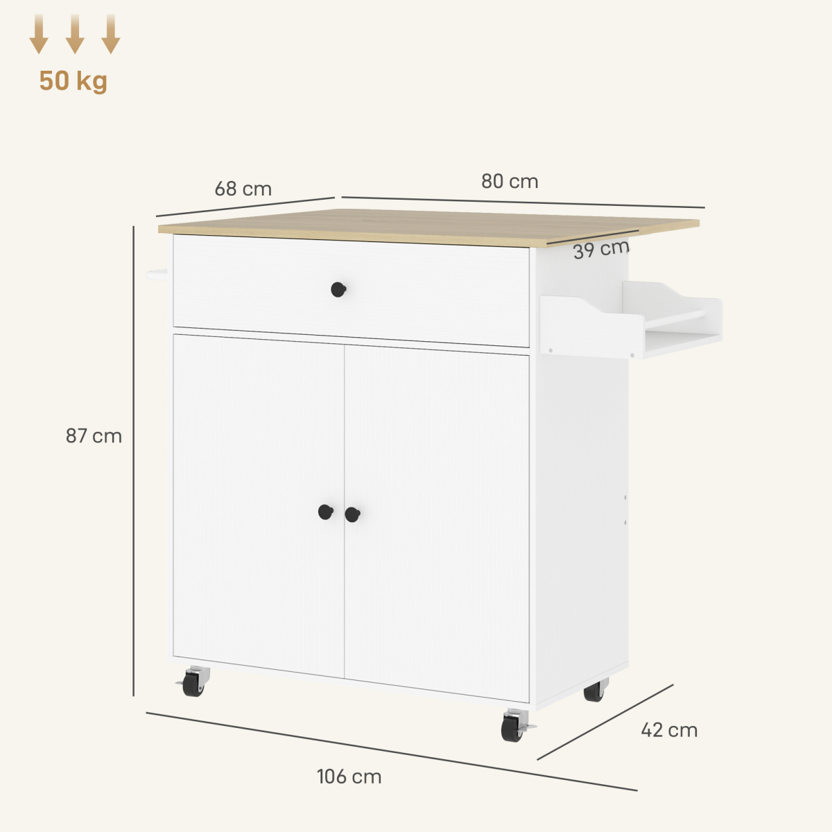 HOMCOM Kitchen Island with Drop Leaf, Drawer & Cabinet – Rolling Storage Trolley with Spice Rack, White