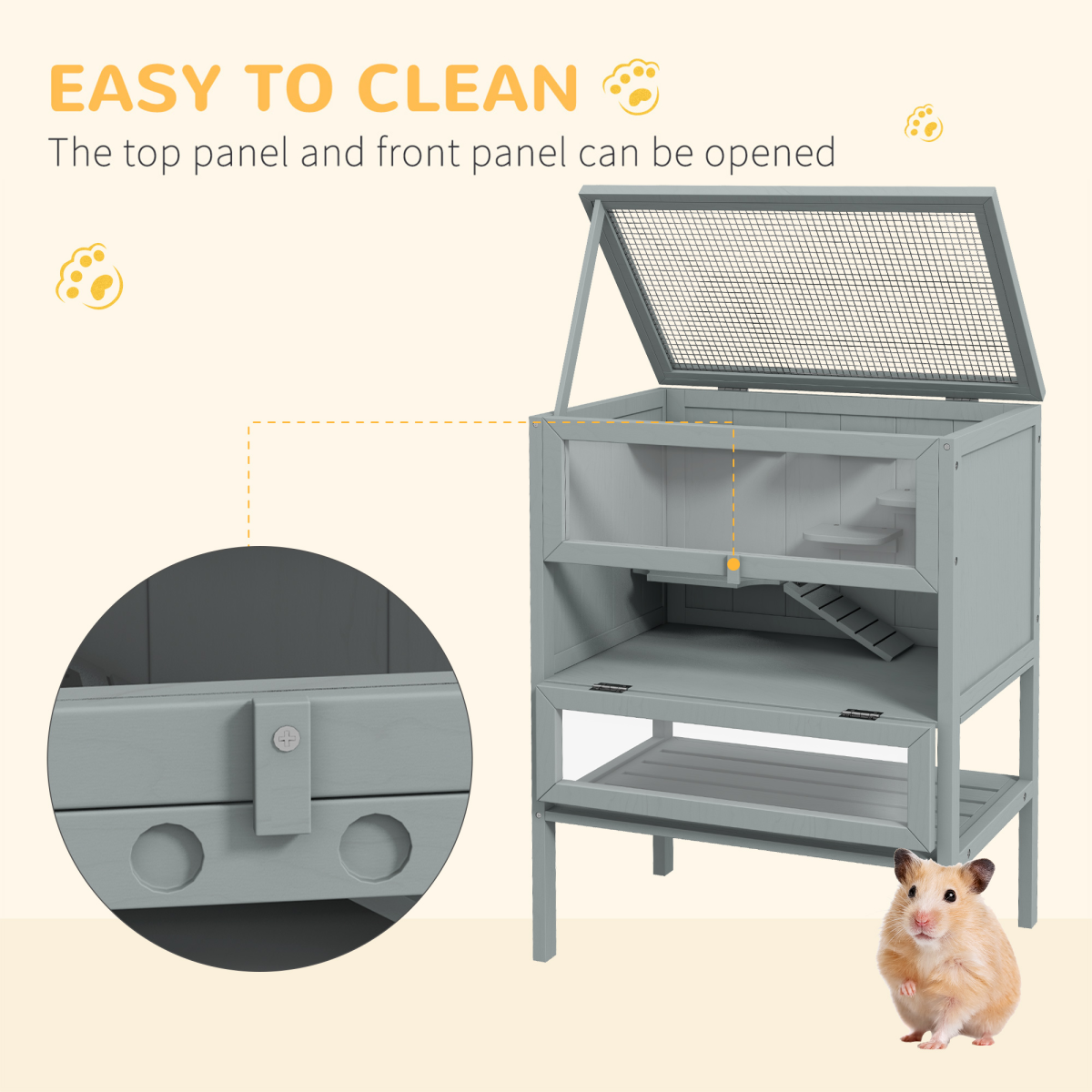 PawHut Wooden Hamster Cage with Storage Shelf & Openable Top – Multi-Platform Small Animal Habitat, Grey