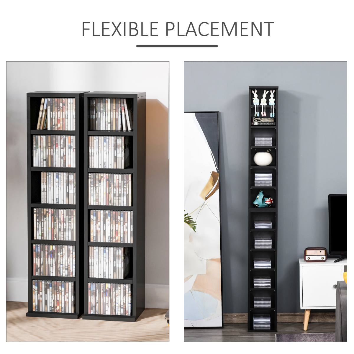 HOMCOM Set of 2 Adjustable CD & Media Tower Display Racks – Slim DVD and Games Storage, Black