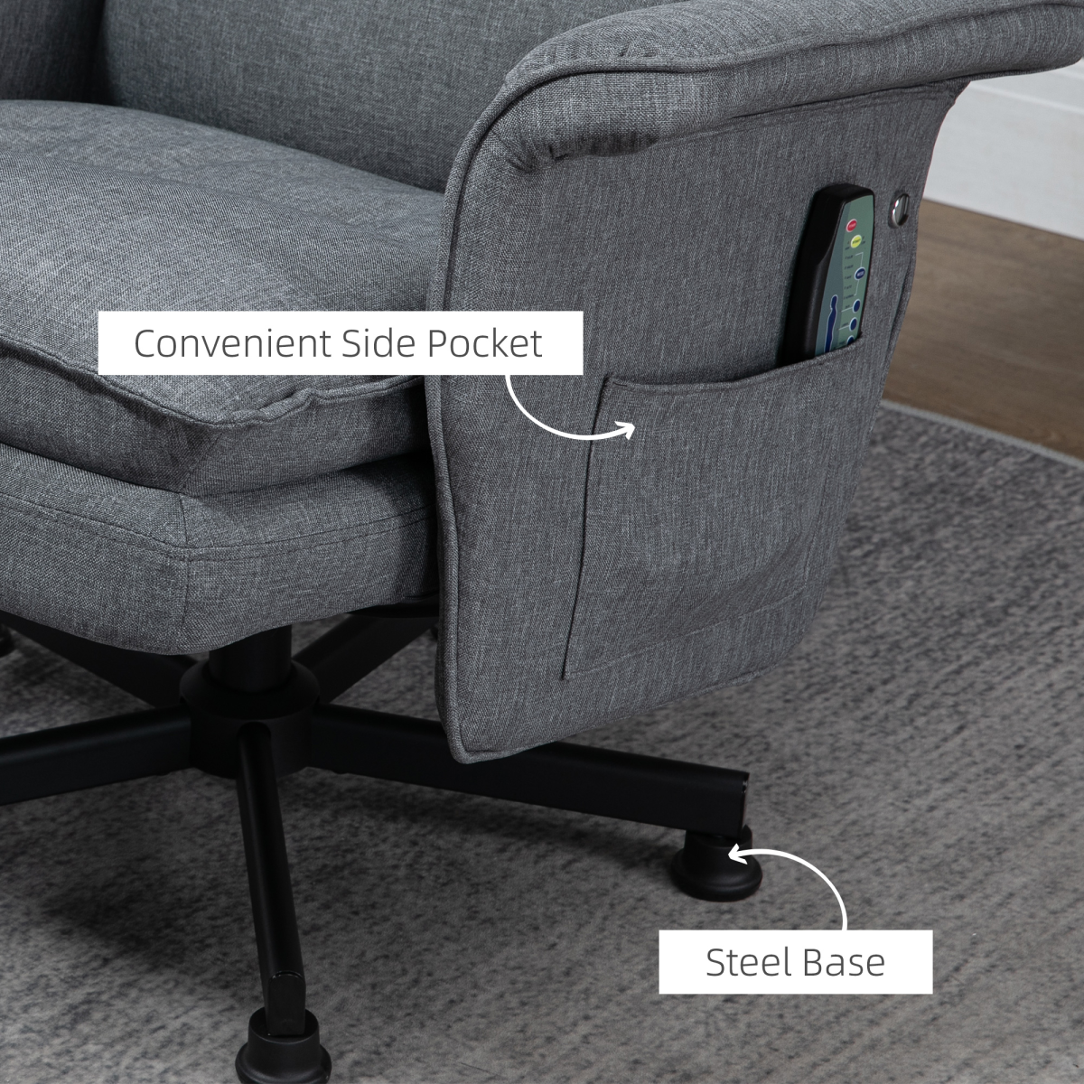 HOMCOM Swivel Recliner Chair with Footstool, 8-Point Massage & Remote Control – Linen-Look Armchair, Grey