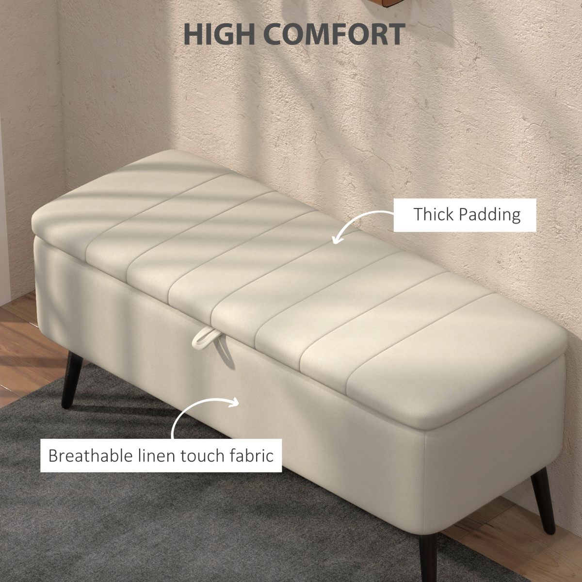 HOMCOM Linen Fabric Storage Ottoman Bench with Slim Steel Legs – Footstool & Seat with Under-Seat Storage, Cream White