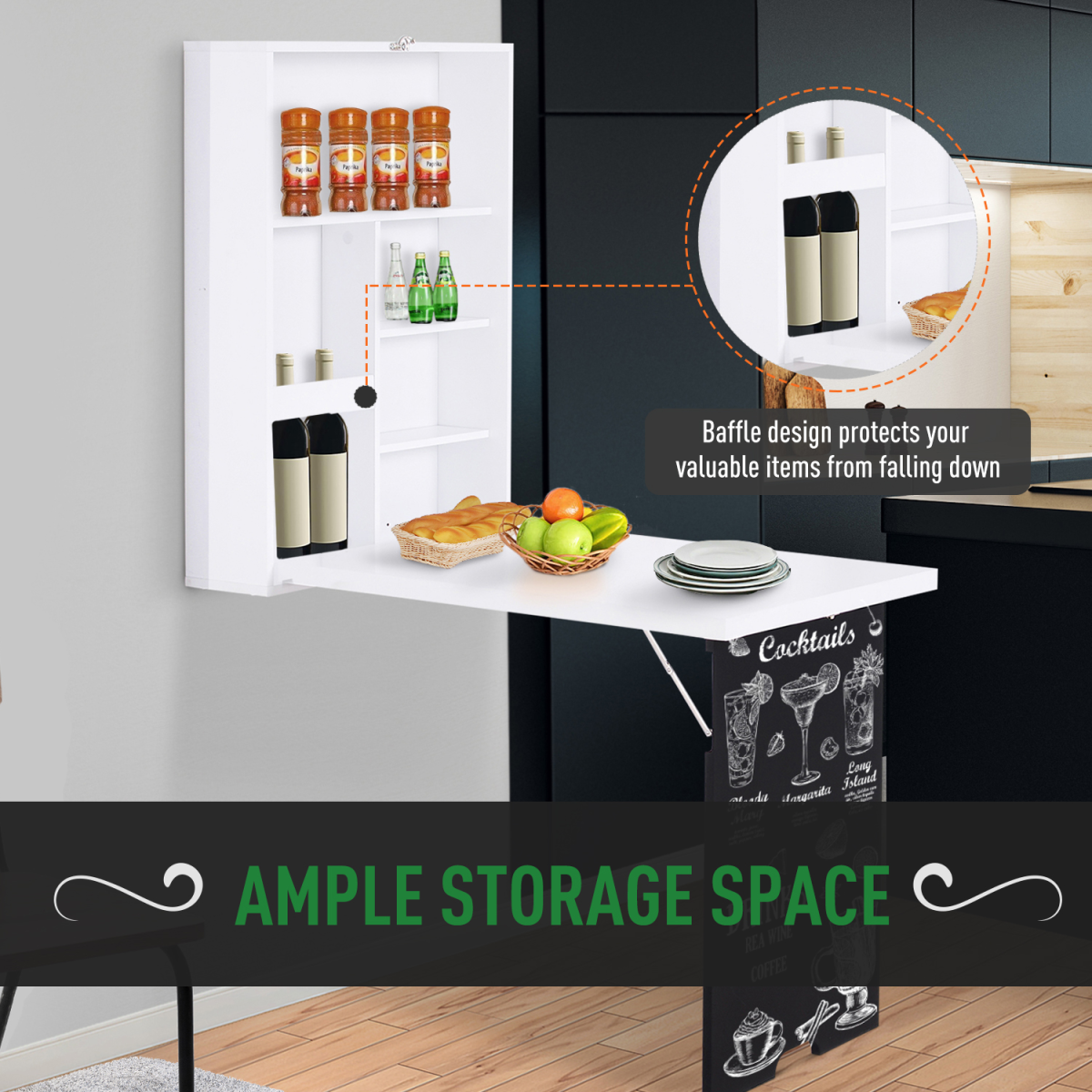 HOMCOM Wall-Mounted Folding Drop-Leaf Table with Chalkboard Surface & Storage Shelf – White