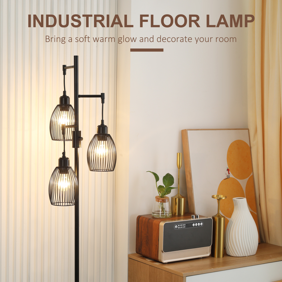 HOMCOM 170cm Industrial 3-Light Dimmable Floor Lamp – Steel Frame, Black