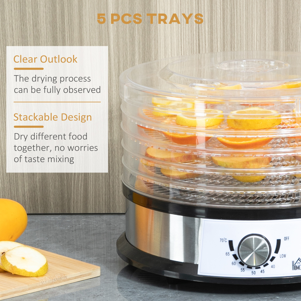 HOMCOM 5-Tier Food Dehydrator with 250W Motor, Adjustable Temperature and Stainless Steel Trays – Silver