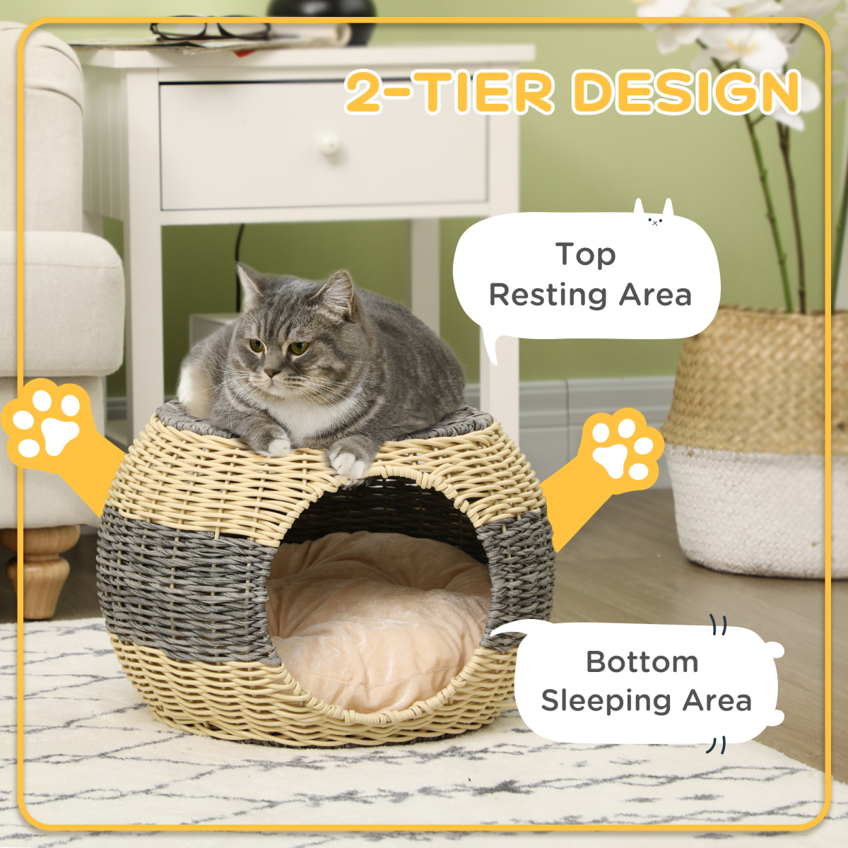 PawHut Wicker Cat House with Soft Cushion, PE Rattan Raised Cat Bed – Enclosed Pet Cave, 40 x 30cm