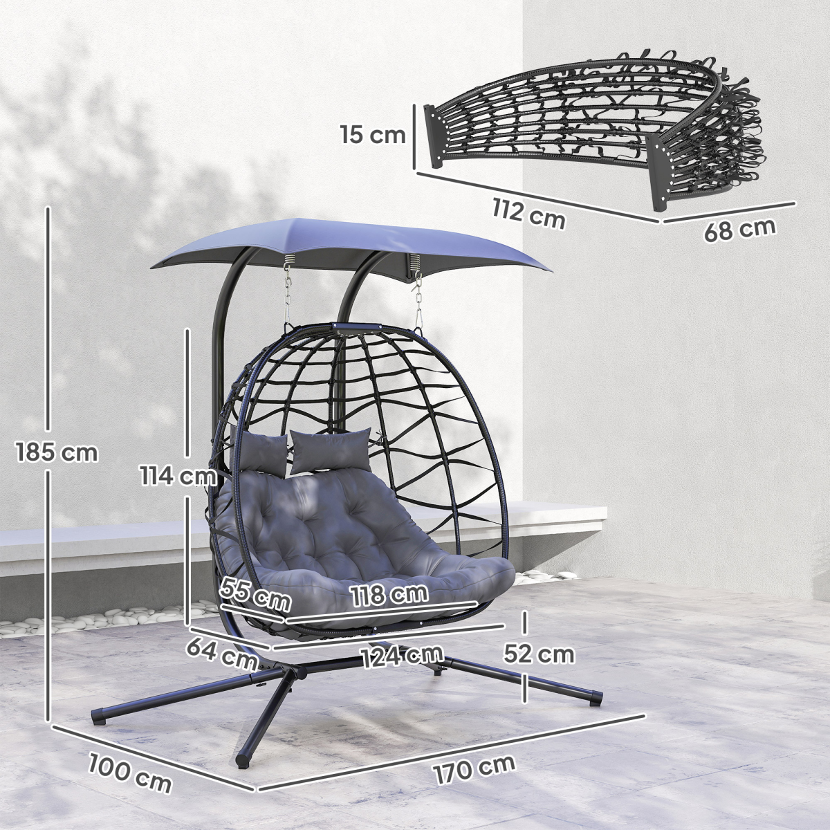 Outsunny Rattan Double Hanging Egg Chair with Canopy and Tufted Cushion – Garden Swing Seat for Two, Black