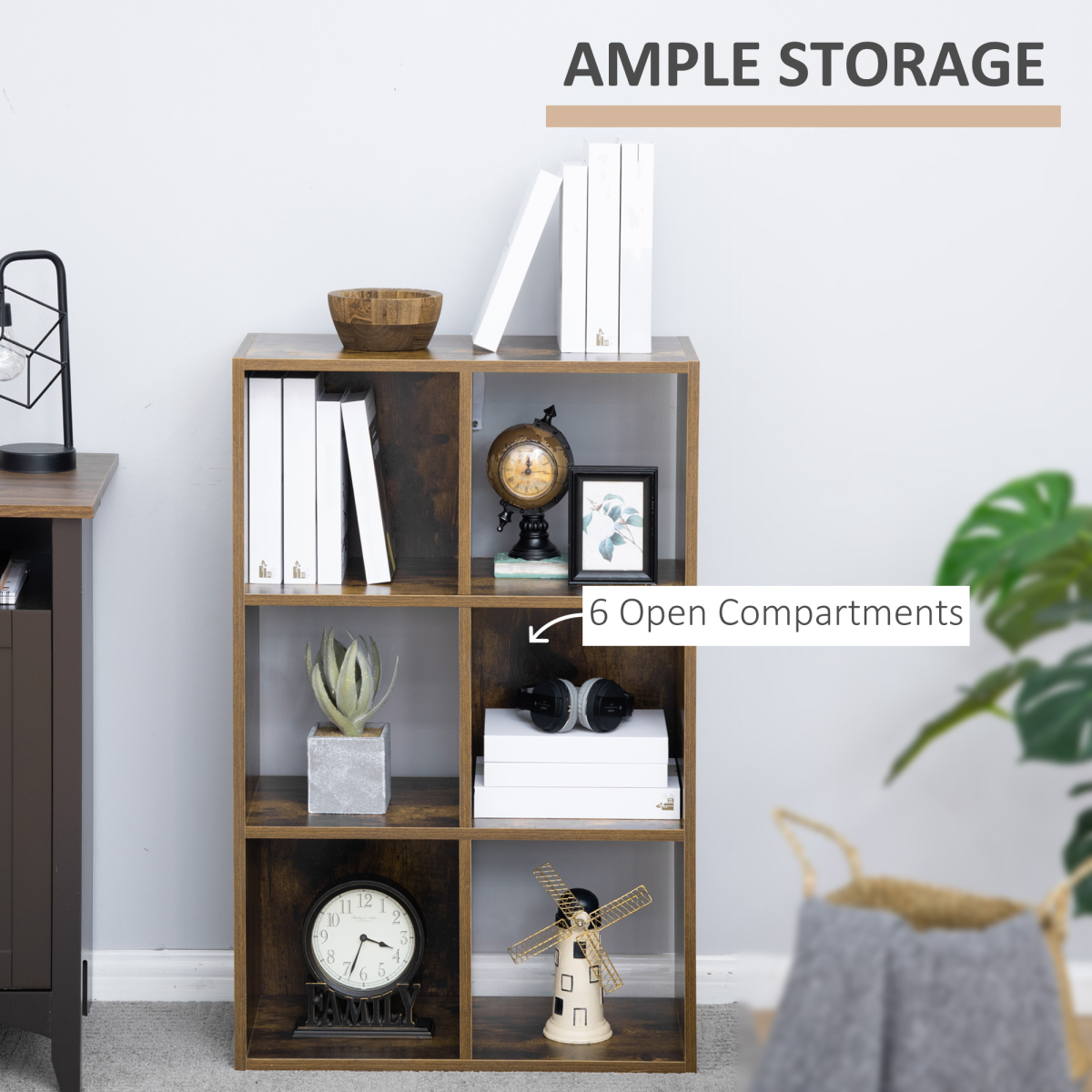 HOMCOM Industrial Style 3-Tier Storage Shelf Bookcase with 6 Open Compartments – Anti-Tip, Rustic Brown