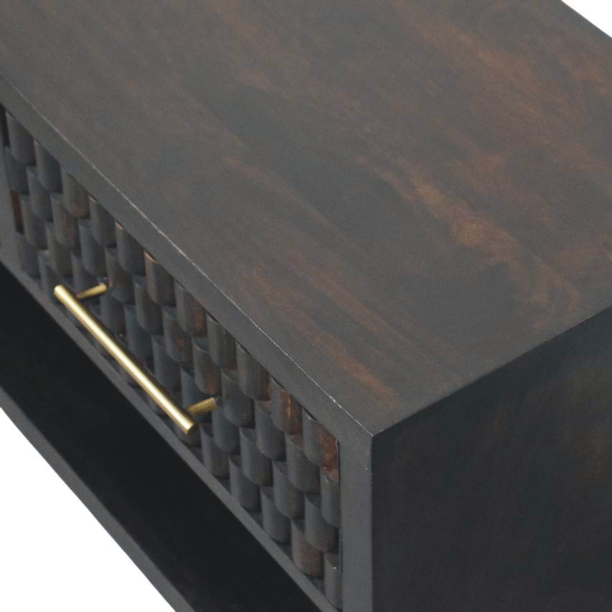 Artisan Furniture Cadiz Carved Solid Mango Wood Shoe Storage Bench – 2 Drawers & 1 Shelf, Dark Brown
