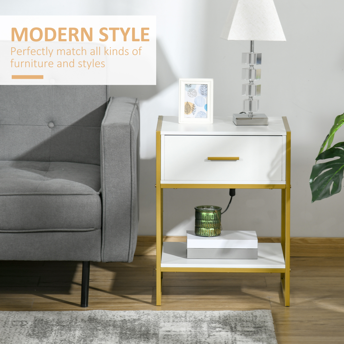 Modern Bedside Table with Drawer and Bottom Shelf – Gold-Tone Metal Frame Nightstand, White