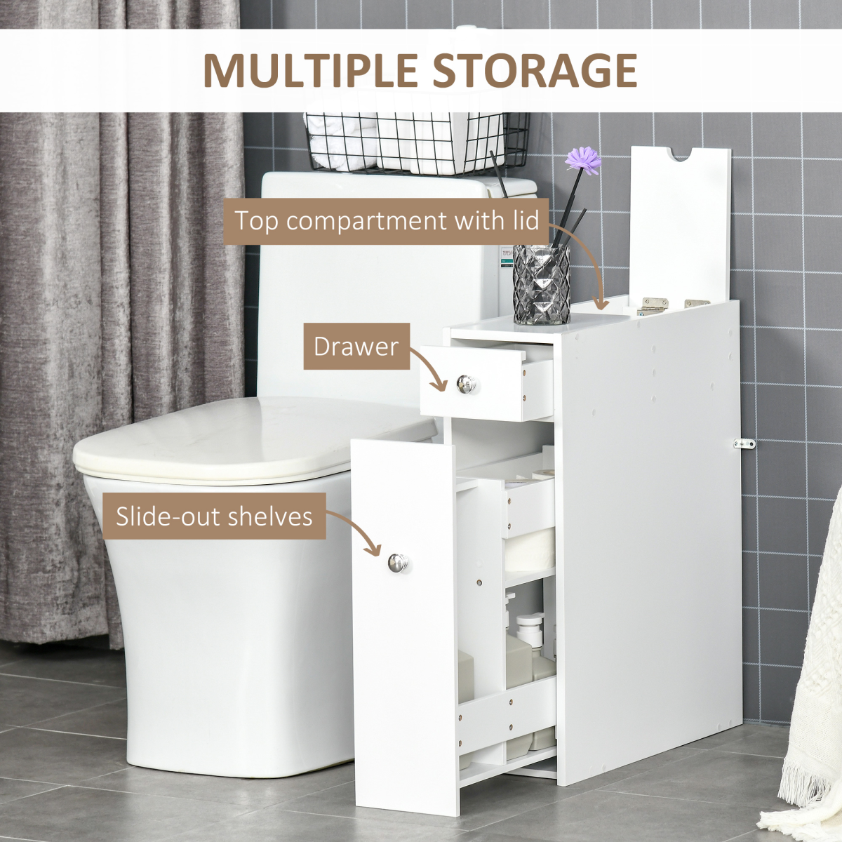 HOMCOM Slim Bathroom Floor Cabinet with Large Drawer & Storage Compartments – White
