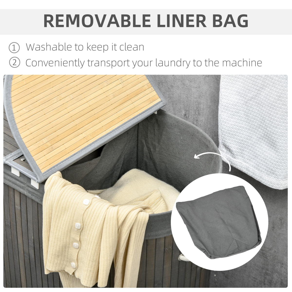 HOMCOM 100L Bamboo Laundry Basket with 2 Compartments, Lid and Removable Lining – Washing Hamper, Grey