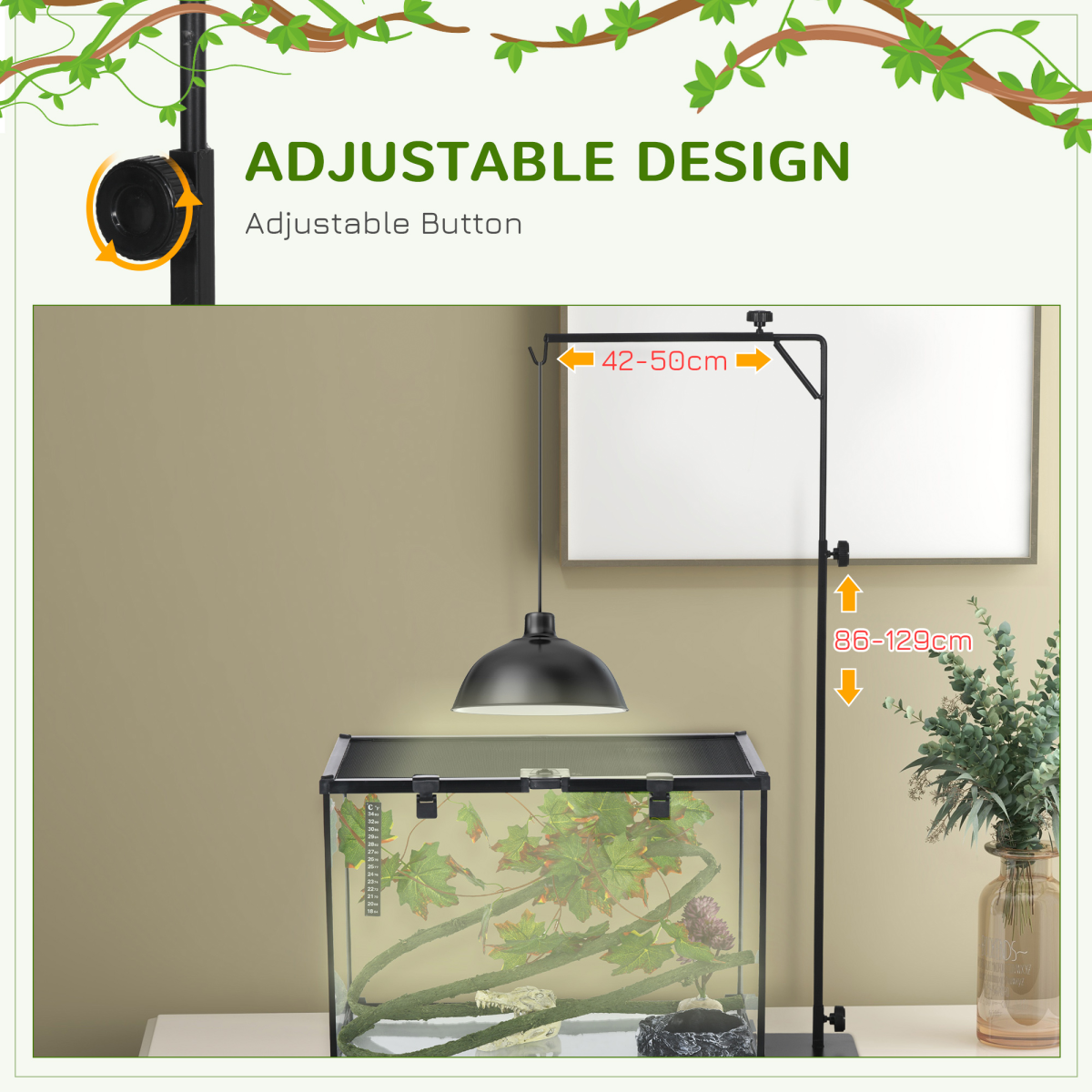 PawHut Reptile Lamp Stand with 86-129cm Adjustable Height, Steel Base & Hook – Heat Lamp Holder, Black