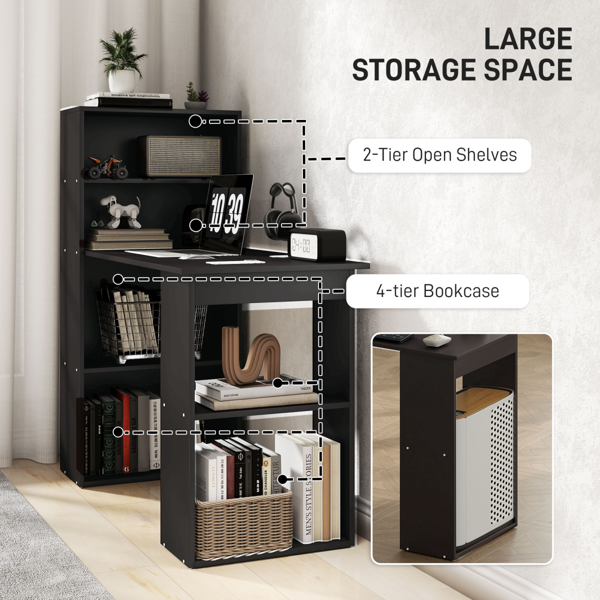 HOMCOM Computer Desk with 6 Shelves and Cubbies – Space-Saving Home Office Workstation, 120cm, Black