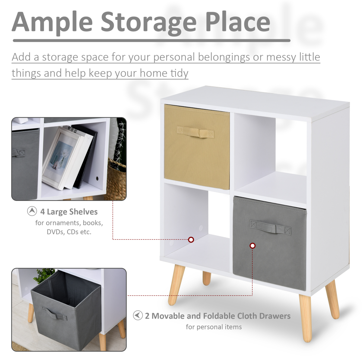70 x 56cm Freestanding 4 Cube Storage Unit Bookcase with 2 Fabric Drawers – Home Organiser with Hardwood Legs