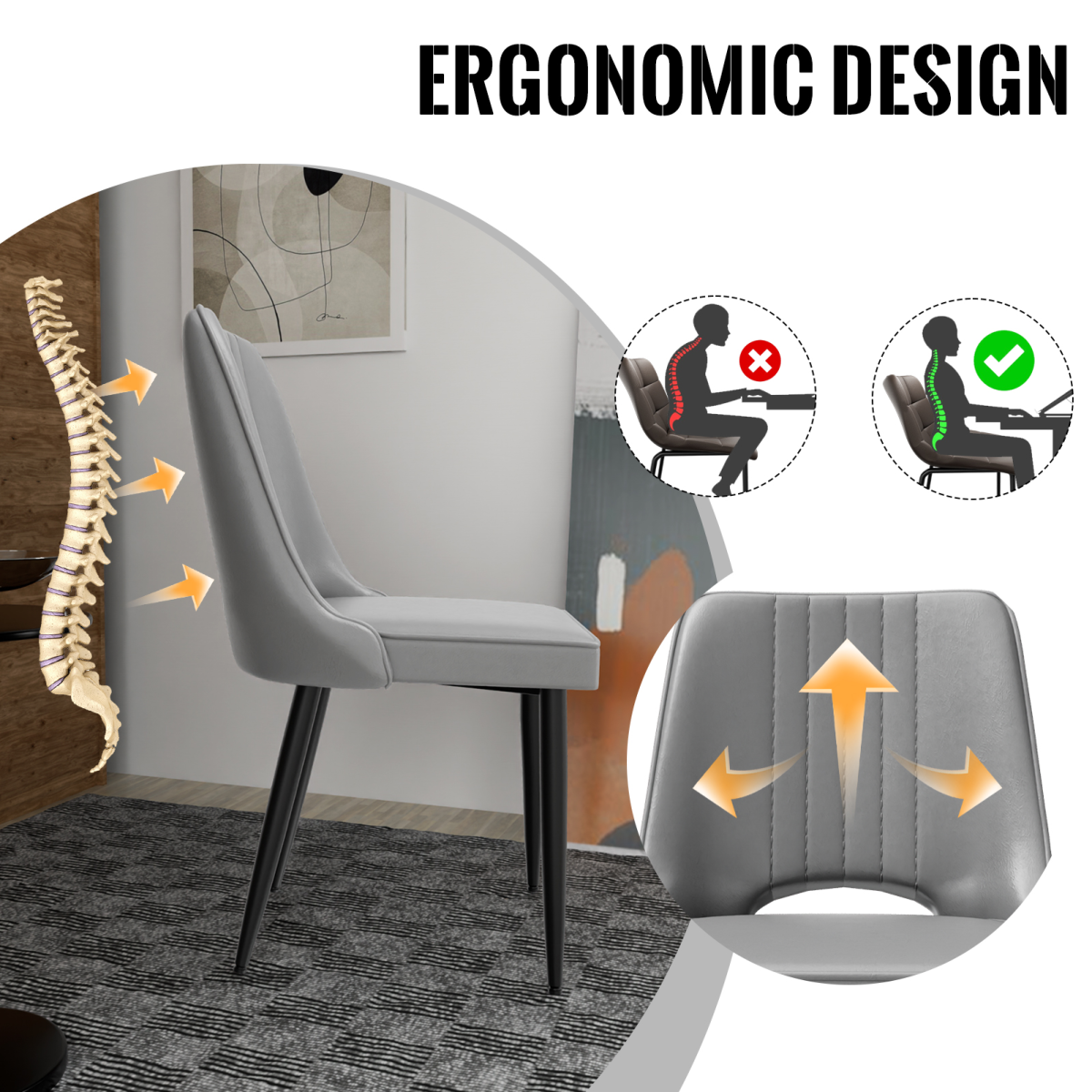 Scandinavian Faux Leather Dining Chair with Cut-Out High Back & Black Metal Legs – Padded Seat